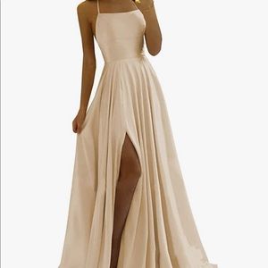 Long lace up champagne colored dress